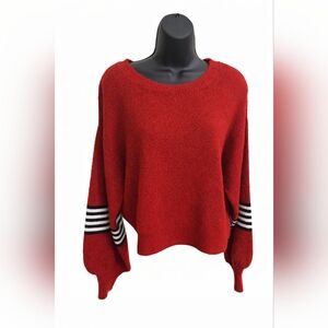 Feb-Ten Sixty Sherman Red Cropped Knit Sweater Balloon Sleeve Stripe Detail
